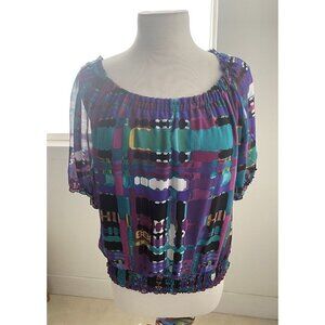 AB Studio Women's Multi Color Peasant Style Elastic Waist Top Blouse Size S